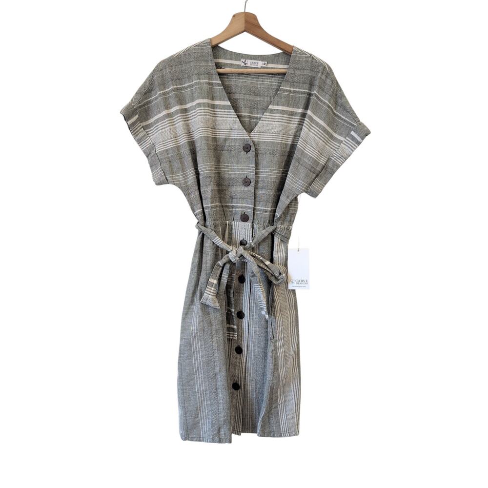 Carve Designs Willow Dress XS Linen Blend Moss Stripe Gray Button Front NWT